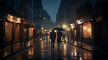 Couple in love walks through the streets in the evening - made with Generative AIの素材