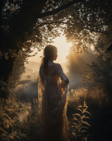 Beautiful picture of a woman in the nature on a sunny day - very poetic image - made with Generative AIの素材