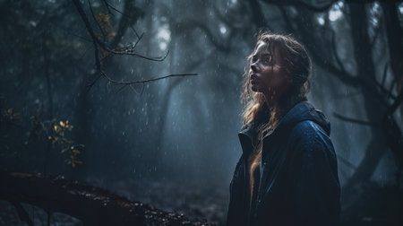 Young anxious woman stands alone in the forest in the rain - made with Generative AIの素材