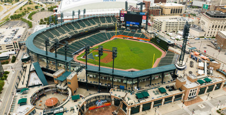 Comerica Baseball Stadium in Detroit aerial view - home of the Detroit Tigers - DETROIT, USA - JUNE...