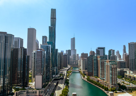 Downtown Chicago with Riverwalk aerial view - CHICAGO, USA - JUNE 06, 2023のeditorial素材