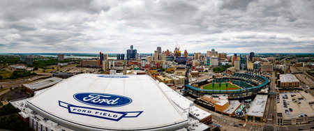 Ford Field and Comerica Park in the city of Detroit - aerial view - DETROIT, USA - JUNE 13, 2023のeditorial素材
