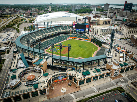 Comerica Baseball Stadium in Detroit aerial view - DETROIT, USA - JUNE 13, 2023のeditorial素材