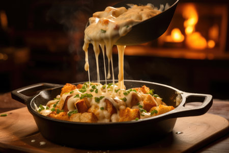 Melted cheese skillet close up food photographyの素材