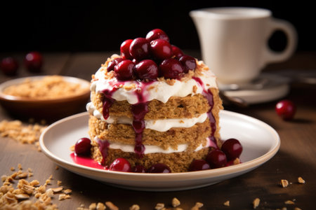 cherry crumble cake close up food photographyの素材