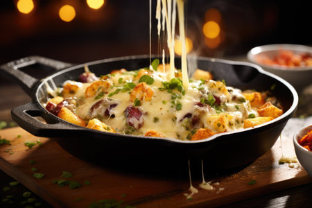 Melted cheese skillet close up food photographyの素材