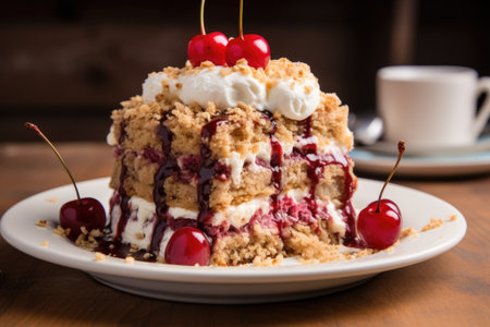 cherry crumble cake close up food photographyの素材