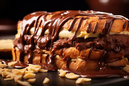 Pretzel with chocolate sauce close up food photographyの素材