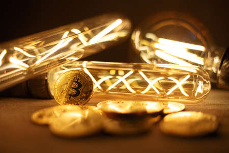 BTC among avid bulbs. The light flashes, an electrical short circuit. Closeup, Shallow depth of fields.の写真素材