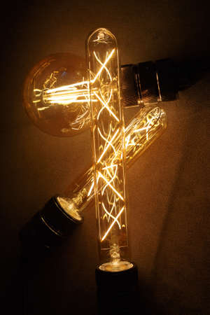 BTC among avid bulbs. The light flashes, an electrical short circuit. Closeup, Shallow depth of fields.の写真素材