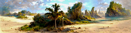 Artistic concept painting of a beautiful wilderness landscape, with a picturesque beach and palms in the background. Tender and dreamy design, background illustration.の写真素材