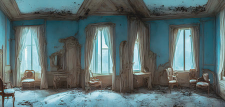 Interior of an old abandoned house, 3d rendering. Computer digital drawing.の写真素材