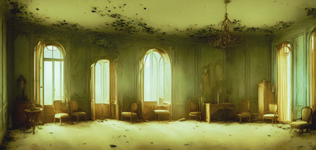 Interior of an old abandoned house with broken windows and wooden furniture