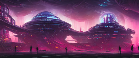 Futuristic future city. Futuristic city with neon lights.の写真素材