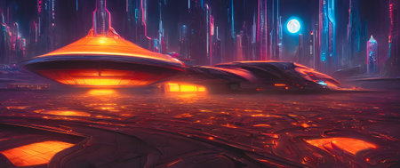 3D CG rendering of Flying saucer and alien city with lightsの写真素材