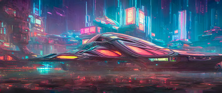 Futuristic spaceship in a futuristic city. 3D rendering.の写真素材