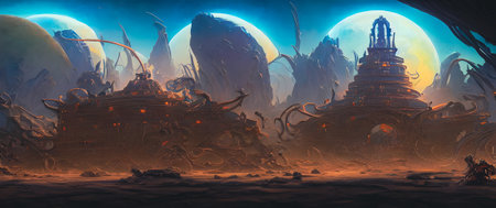 Fantasy landscape with fantasy dragon and ancient temple. 3d illustrationの写真素材