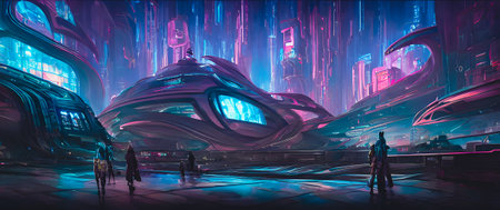 Futuristic futuristic city with neon lights. 3D rendering.の写真素材