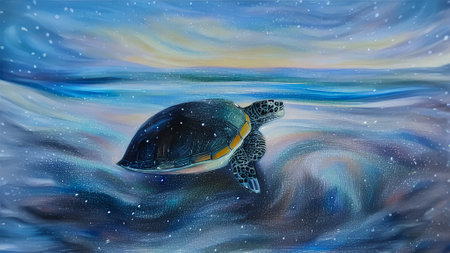 Turtle swimming in the ocean. 3D rendering. Computer digital drawing.の素材