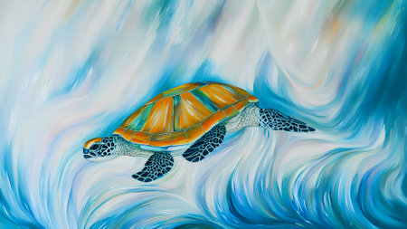 Turtle on the background of the sea waves. The concept of environmental protection.の素材