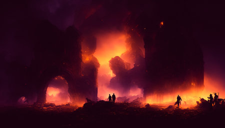 Silhouette of a group of people standing at the edge of a ruined building and looking at a burning building.の素材