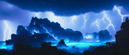 Fantasy alien planets. Mountain and lightning. 3D illustration.の素材