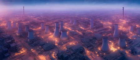 Nuclear power plant with smog in the night, panoramaの素材