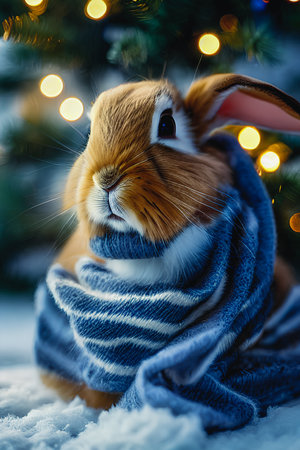Rabbit with scarf on the background of Christmas tree and lights.の素材