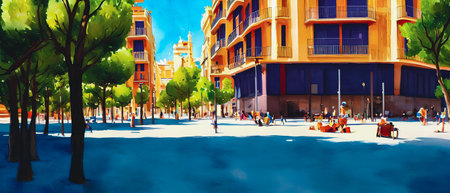 City street with people in Madrid, Spain. panoramic view.の素材