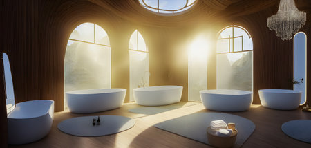 Bathroom interior with a large window. 3d rendering.の素材