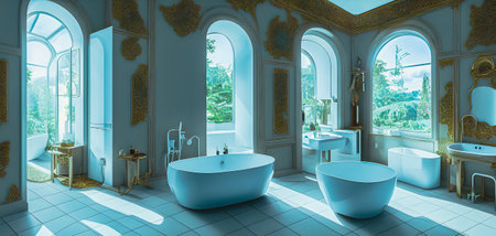Bathroom interior with blue bathtub on the floor. 3D renderingの素材