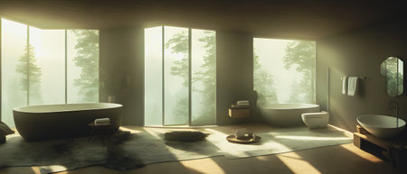 Bathroom interior with panoramic view of the forest. 3d renderの素材