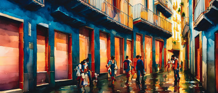 Colorful street scene in Cartagena, Colombiaの素材