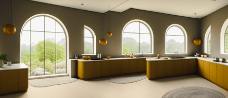 3d render of a modern kitchen in a house with a beautiful viewの素材