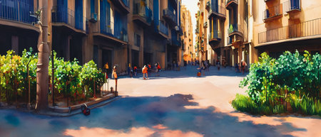 Panoramic view of a street in Barcelona, Spainの素材
