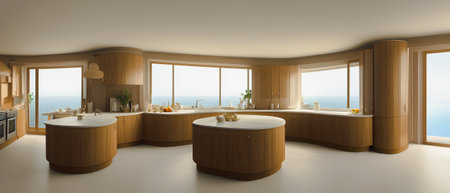 3d render of modern bathroom with bathtub and the sea viewの素材