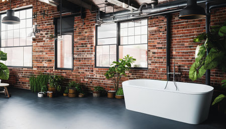 Modern loft bathroom interior with brick walls, concrete floor, white bathtub and plants. toned imageの素材