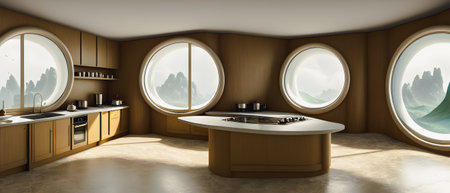 3d render of modern kitchen with panoramic window view.の素材