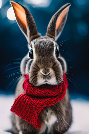 Cute little rabbit with red scarf on bokeh background.の素材