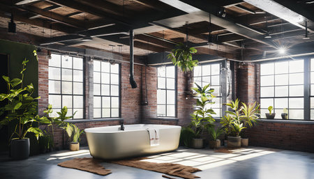 Interior of loft bathroom with brick walls, concrete floor, comfortable white bathtub and green plants. 3d renderingの素材