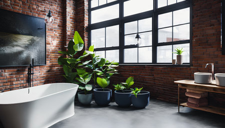 Interior of loft bathroom with brick walls, concrete floor, white bathtub and decorative plants in pots. 3d renderingの素材