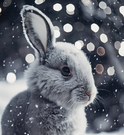 Cute rabbit on the background of the winter forest and snowfallの素材