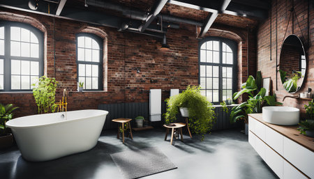 Interior of modern loft bathroom with brick walls, concrete floor, comfortable white bathtub standing near round wooden countertops and green plants. 3d renderingの素材