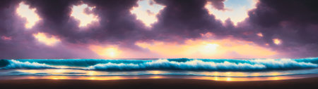 Seascape with waves at sunset. Panoramic banner.の素材