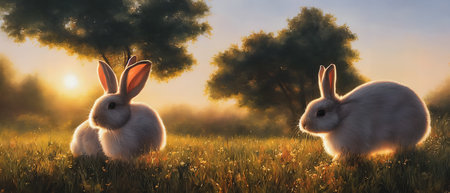 Rabbits in the meadow at sunset. 3d renderingの素材