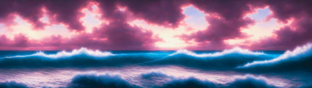Waves on the sea at sunset. Panoramic banner.の素材