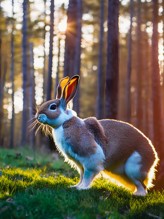 Rabbit in the forest at sunset. Animal in the nature.の素材