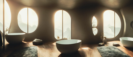 Bathroom interior with double sink and round mirror. 3d renderingの素材