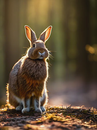 Cute brown hare sitting on the ground in the forest.の素材