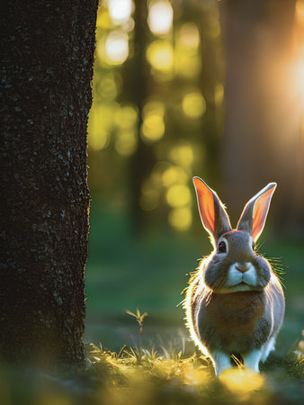 Rabbit in the forest at sunset. Easter bunny in nature.の素材